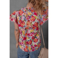 Multicolour Lace Trim Ruffle Short Sleeve Floral Blouse - XL thumbnail