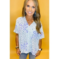 Sky Blue Mixed Leopard Print V Neck Short Sleeve Blouse - L thumbnail