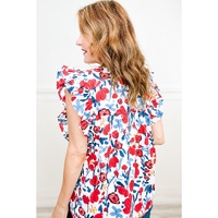 Red Flowers Pintuck Detail V-Neck Ruffled Sleeve Top - L thumbnail