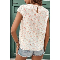 Pink Floral Print Embroidery Detail Crochet Cap Sleeve Blouse - L thumbnail