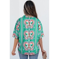 Sea Green Boho Abstract Print Contrast Striped Collared V Neck Blouse - L thumbnail
