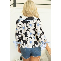 Black Floral Print Striped Tie Sleeve Collared V Neck Blouse - L thumbnail