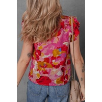 Red Abstract Print Split V Neck Ruffle Short Sleeve Blouse - L thumbnail