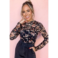 Black Floral Mesh Sheer Long Sleeve Top - L thumbnail