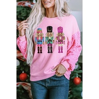 Pink Nutcracker Graphic Christmas Sequin Sleeve Drop Shoulder Top - XL thumbnail