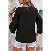 Black Ruffle Trimmed 3/4 Sleeve Round Neck Blouse - M thumbnail
