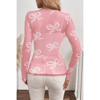 Pink Round Neck Bow Print Long Sleeve Mesh Top - L thumbnail