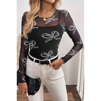Black Round Neck Bow Print Long Sleeve Mesh Top - L thumbnail