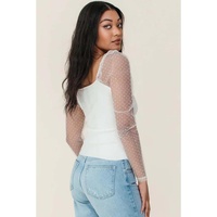 White Swiss Dot Mesh Long Sleeve Square Neck Slim Top - S thumbnail