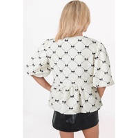 White Bowknot Print Front Knots Bubble Sleeve Blouse - L thumbnail