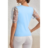 Beau Blue Floral Mesh Puff Sleeve Crew Neck Top - L thumbnail