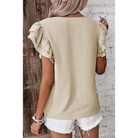 Beige Solid Color Ruffled Short Sleeve Casual Blouse - S thumbnail