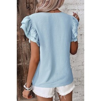 Mist Blue Solid Color Ruffled Short Sleeve Casual Blouse - L thumbnail