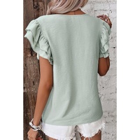 Clearly Aqua Solid Color Ruffled Short Sleeve Casual Blouse - L thumbnail