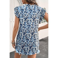 Sky Blue Boho Abstract Print Pintuck Detail Ruffled Top - L thumbnail