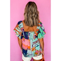 Sky Blue Tropical Printed Square Neck Flutter Sleeve Babydoll Blouse - L thumbnail