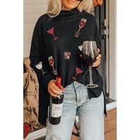 Black Drinks Patched Graphic Dolman Sleeve High Neck Split Top - M thumbnail
