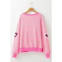 Pink Stripe Sequin Heart Patched Pattern Long Sleeve Valentines Top - 2XL thumbnail