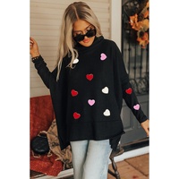 Black Valentines Chenille Heart Patched Dolman Sleeve High Neck Split Top - XL thumbnail