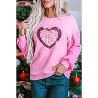 Pink Leopard Heart Graphic Sequin Patchwork Long Sleeve Valentines Top - L thumbnail