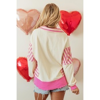 Pink Stripe Patchwork Sequin Heart Pattern Long Sleeve Collared Split Top - L thumbnail