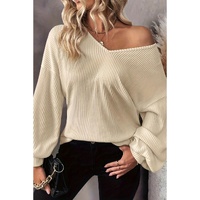 White Knot Back Drop Shoulder Ribbed Long Sleeve Blouse - L thumbnail