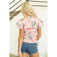 Pink Floral Print Frilled V Neck Pleated Sleeve Blouse - L thumbnail