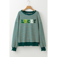 Green Stripe Chenille LUCKY Patched Pattern St Patrick Long Sleeve Top - 2XL thumbnail