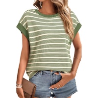 Green Stripe Contrast Edge Short Batwing Sleeve T Shirt - L thumbnail