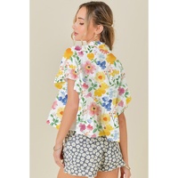 Yellow Floral Boxy Fit Ruffled Short Sleeve V Neck Blouse - L thumbnail