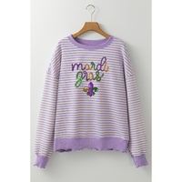 Purple Stripe mardi gras Sequin Patched Graphic Drop Shoulder Top - L thumbnail