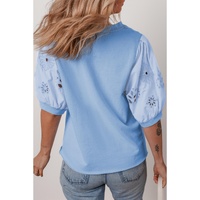 Beau Blue Eyelet Flower Embroidered Puff Short Sleeve Patchwork Crew Neck Blouse - L thumbnail