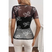 Black Bow Printed Mesh Short Sleeve Top - L thumbnail