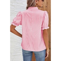 Pink Stripe Notched Neck Frilled Short Puff Sleeve Blouse - L thumbnail