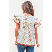 Green Geometric Floral Print Layered Flutter Sleeve V Neck Ric Rac Trim Blouse - M thumbnail