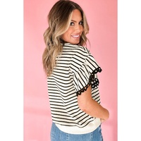Black Stripe Scallop Lace Trim Ruffle Short Sleeves Crewneck Top - L thumbnail