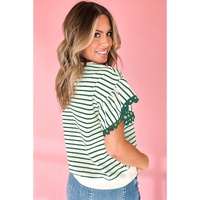 Green Stripe Scallop Lace Trim Ruffle Short Sleeves Crewneck Top - L thumbnail