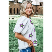 White Textured Sequin Mardi Gras Star Graphic Puff Sleeve Blouse - S thumbnail