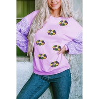 Orchid Petal Mardi Gras Doughnut Graphic Sequin Patchwork Long Sleeve Top - L thumbnail