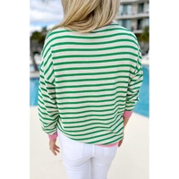 Bright Green Striped Sequin Clover Graphic Colorblock Long Sleeve St Patrick Top - L thumbnail