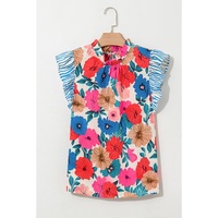 Sky Blue Floral Mock Neck Striped Flutter Sleeve Blouse - L thumbnail