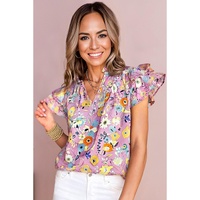 Pink Flutter Sleeve V Neck Floral Top - L thumbnail