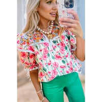 Pink Floral Print Striped Detail Split Neck Short Sleeve Blouse - L thumbnail