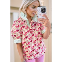 Red Floral Print Striped Patchwork Collared Short Sleeve Blouse - L thumbnail
