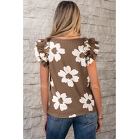Brown Floral Textured Ruffled Short Sleeve Square Neck Blouse - L thumbnail