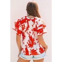 Red Plant Print Tiered Ruffled Sleeve V Neck Blouse - M thumbnail