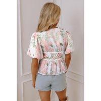 Pink Floral Puff Sleeve V Neck Tied Front Peplum Blouse - L thumbnail