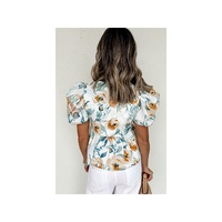 Green Floral Print Puff Sleeve V Neck Babydoll Blouse - XL thumbnail