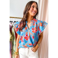 Sky Blue Floral Print V Neck Pompom Trim Flutter Sleeve Blouse - L thumbnail