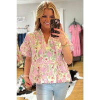 Pink Floral Print Drawstring V Neck Peplum Blouse - L thumbnail